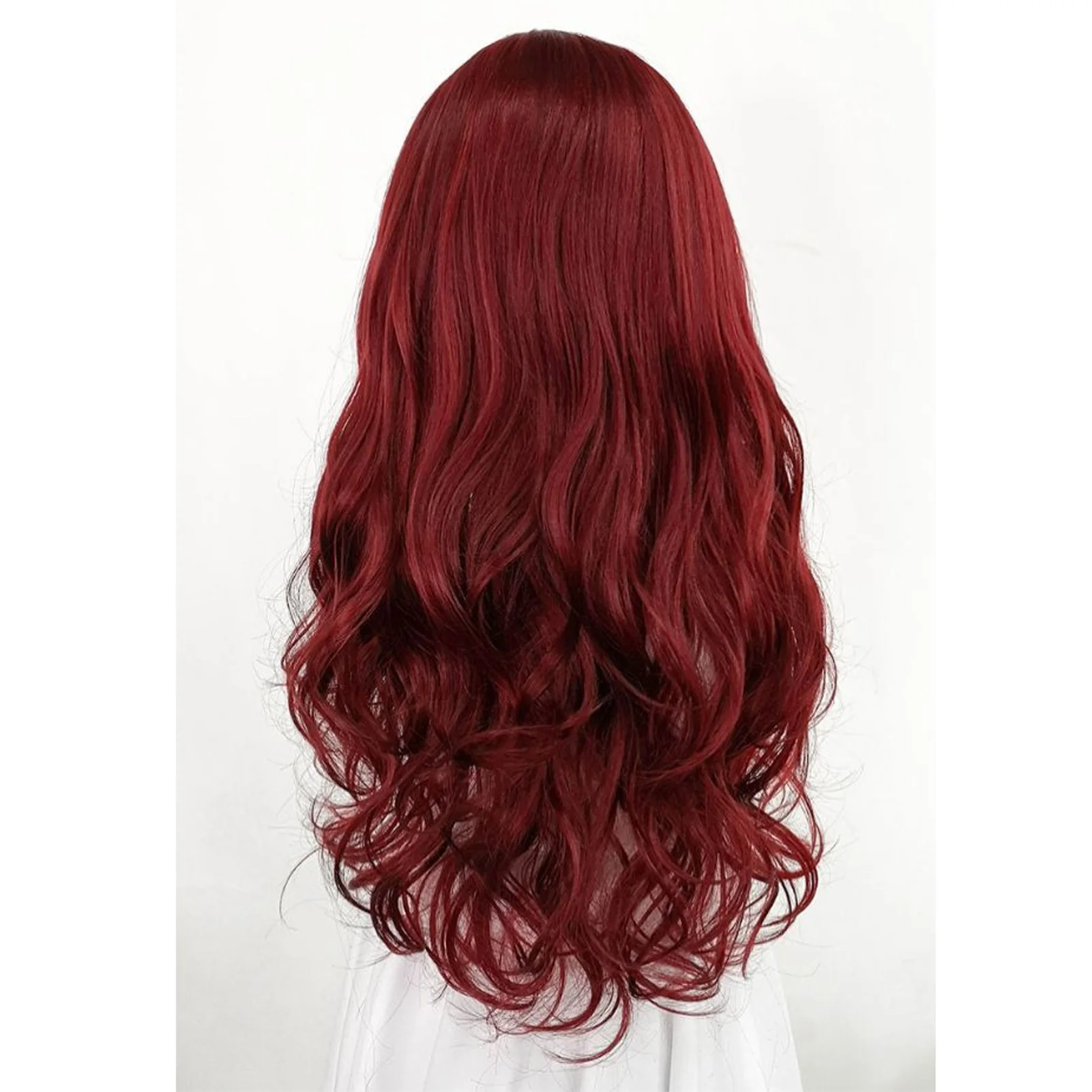 

2025 Long Wave Wig Wine Red Synthetic Hair with See Through Bangs for Women Daily Dating Cosplay