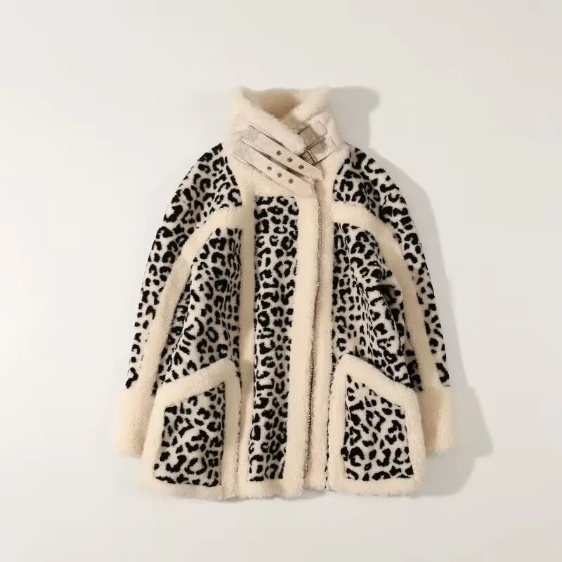 Chaqueta de cuero de leopardo para mujer, abrigo de piel gruesa, abrigo de lana de cordero coreano, ropa de motocicleta, chaqueta de invierno cálida, nuevo