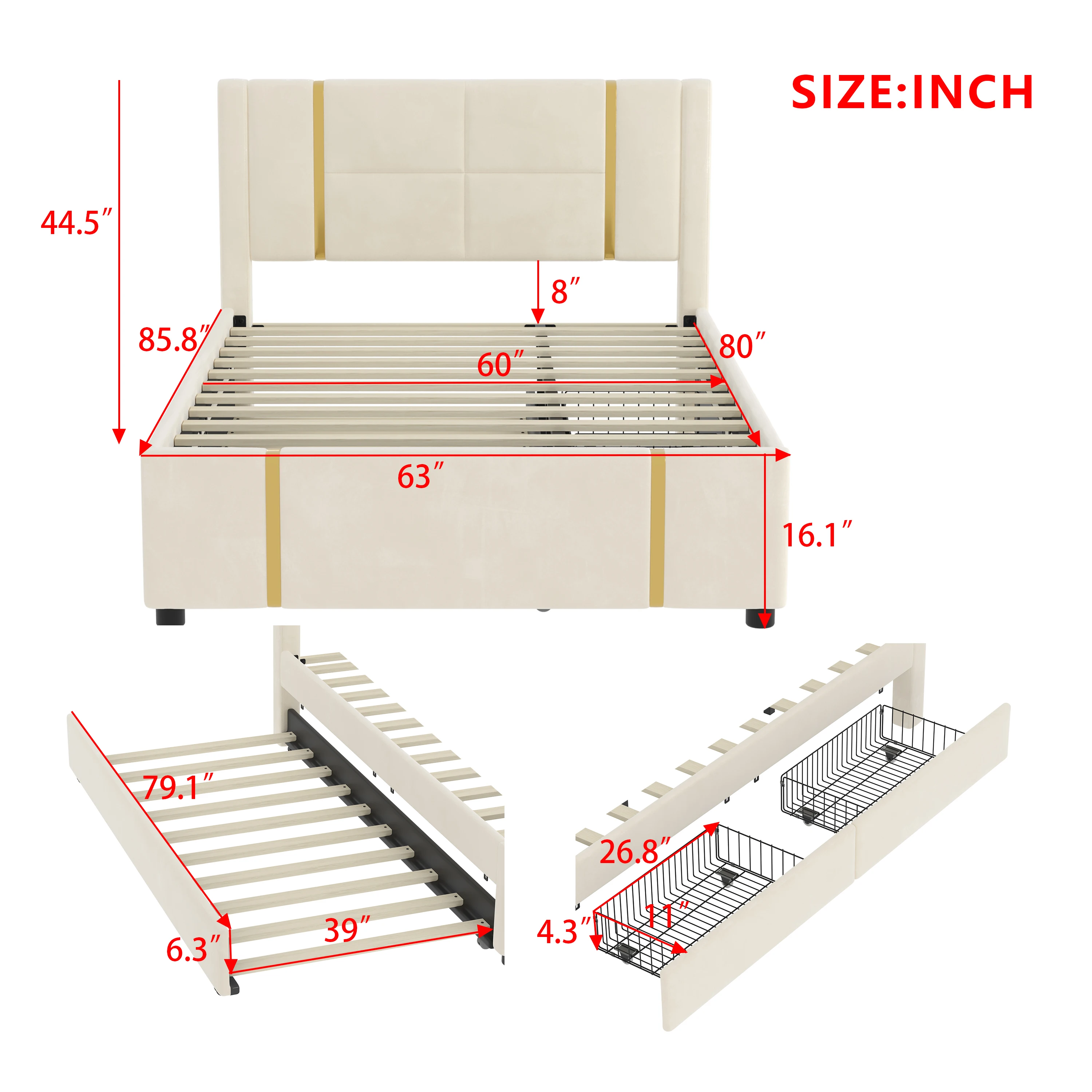 طقم غرف نوم مكون من قطعتين سرير بمنصة منجدة بحجم كوين مع سرير دولاب ودرجين خفيف وتخزين شحن USB وأرجل معدنية