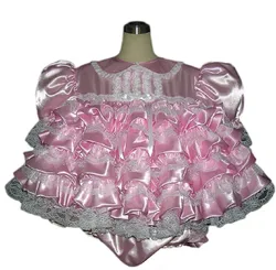 New Girly Lockable Pink Satin Fluffy Cake Dress Lace Ruffle Adult Sexy Maid Dress Customized Glamour Halloween Costume