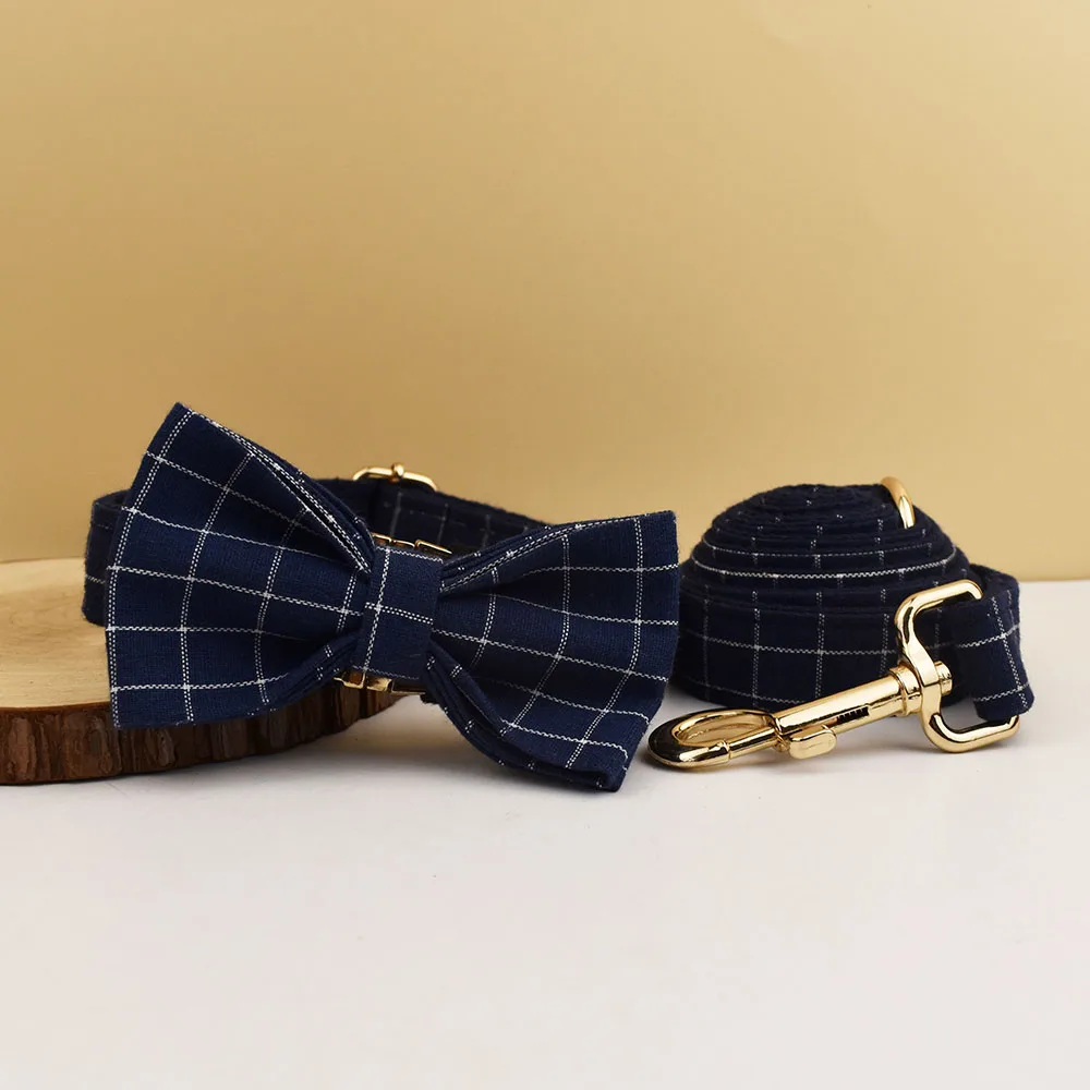 Plaid Dog Collar Designer With Bow Tie Custom Dog Accessories Luxury Pet collar leash set