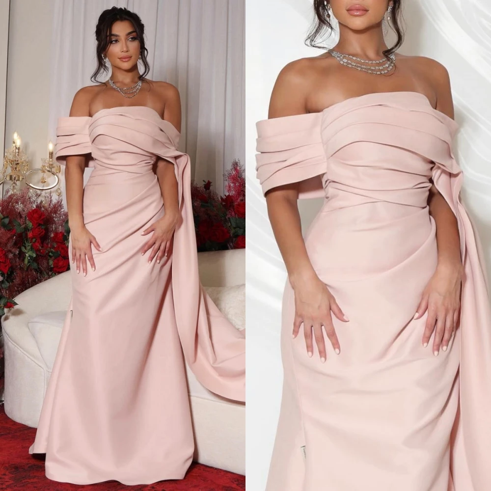 

Simple Off-the-shoulder Sheath Cocktail Party Draped Fold Satin Prom Dresses فساتين السهرةفساتين مناسبة رسميةvestidos prom 2023