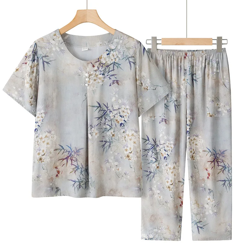 

XL-5XL Ensemble Femmes Elegant Printed Women's Pajamas Set Short Sleeve Capri Pants Suit Middle Aged Mother Sleep Home Clothes