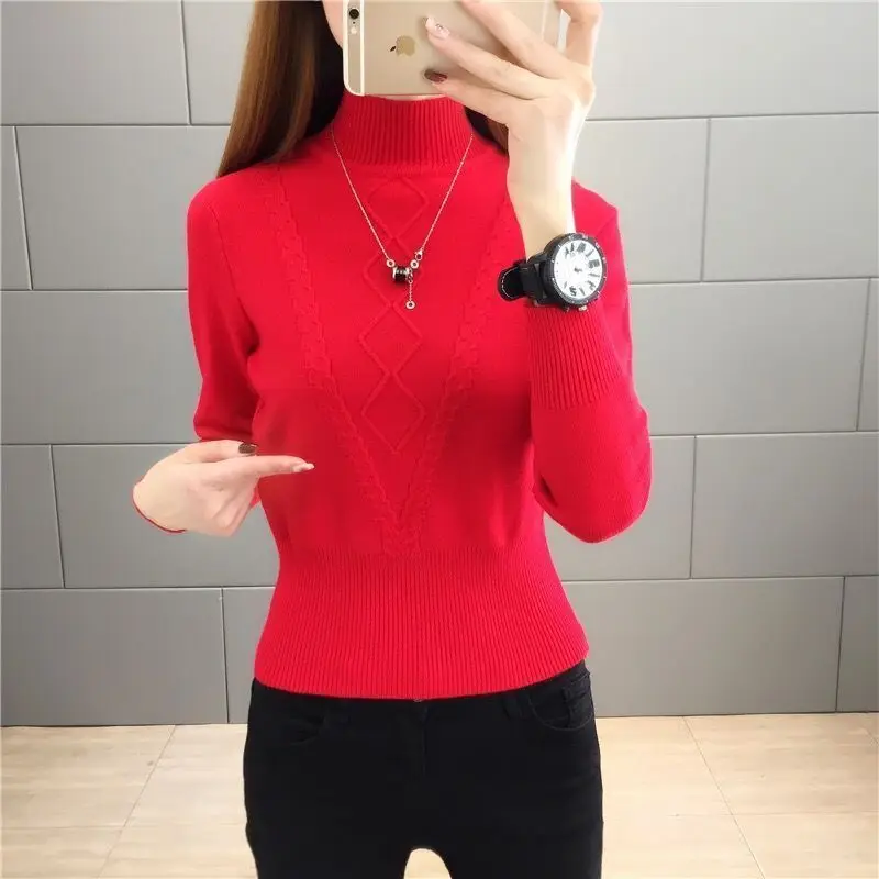 Fleece Lined Half Turtleneck Sweater Women Winter Warm Thick Knitted Pullovers Autumn Casual No Velvet Long Sleeve Knitwear Tops