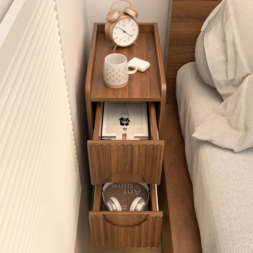 مجموعة منضدة ضيقة مخددة مكونة من 2، منضدة خشبية صغيرة ذات درجين، طاولة جانبية رفيعة، طاولة بجانب السرير عتيقة، مود منتصف القرن #4