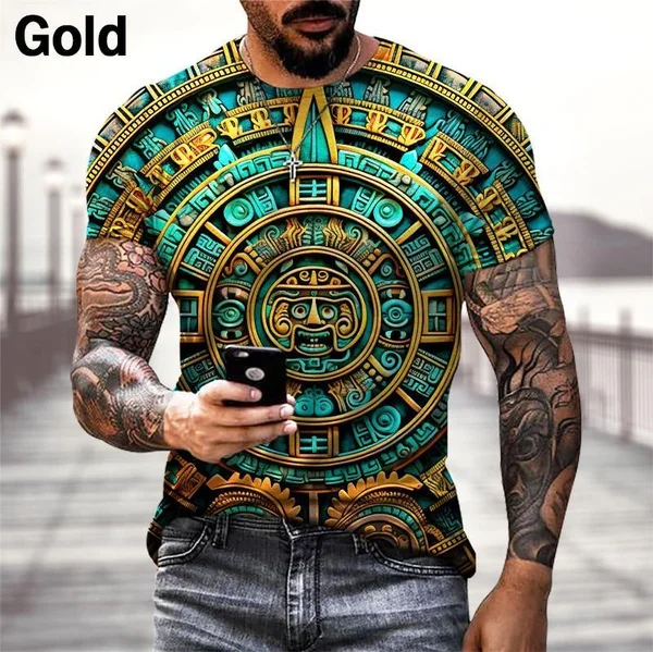 Colorful Cool Printing T-shirt Men\'s Fashion Aztec Calendar 3D Printing T-shirt Casual Funny Sports T-shirt