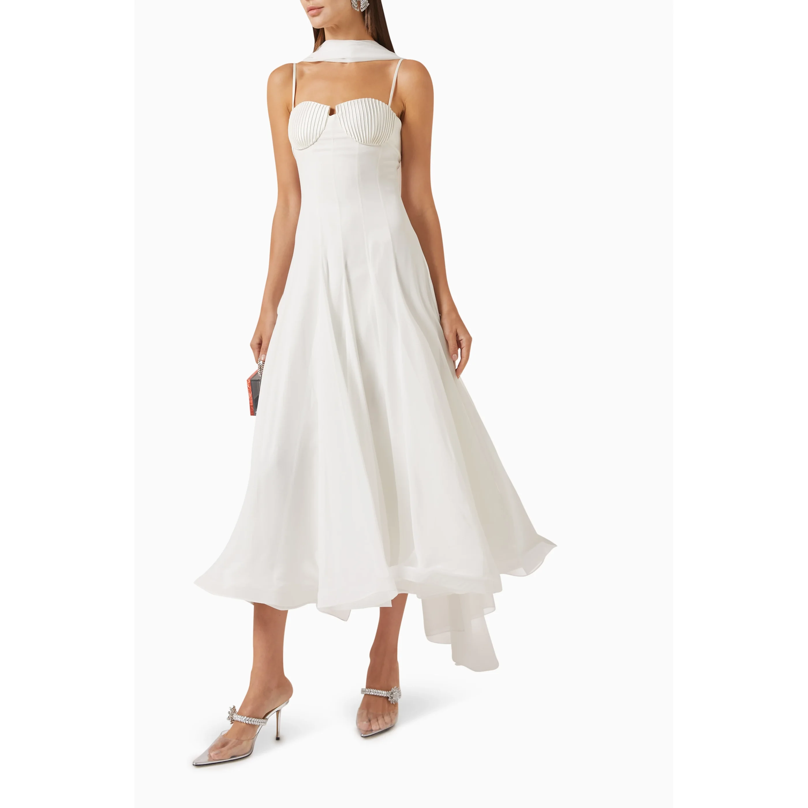 

Welove Sweetheart A-line Ankle Length Pleated Women Evening Dress with Scarf Prom Gown New 2025 Ruffle Midi Dress
