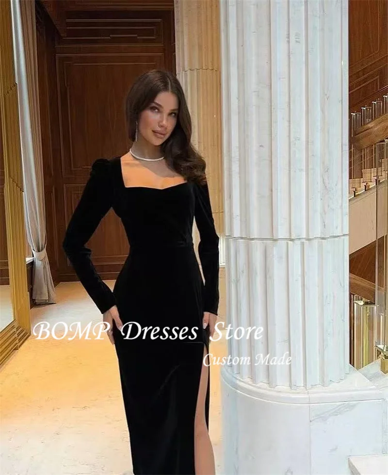 BOMP Simple Black Velvet Evening Party Dresses Long Sleeves Square Neck Split Formal Prom Gowns Night Event Dress Customized