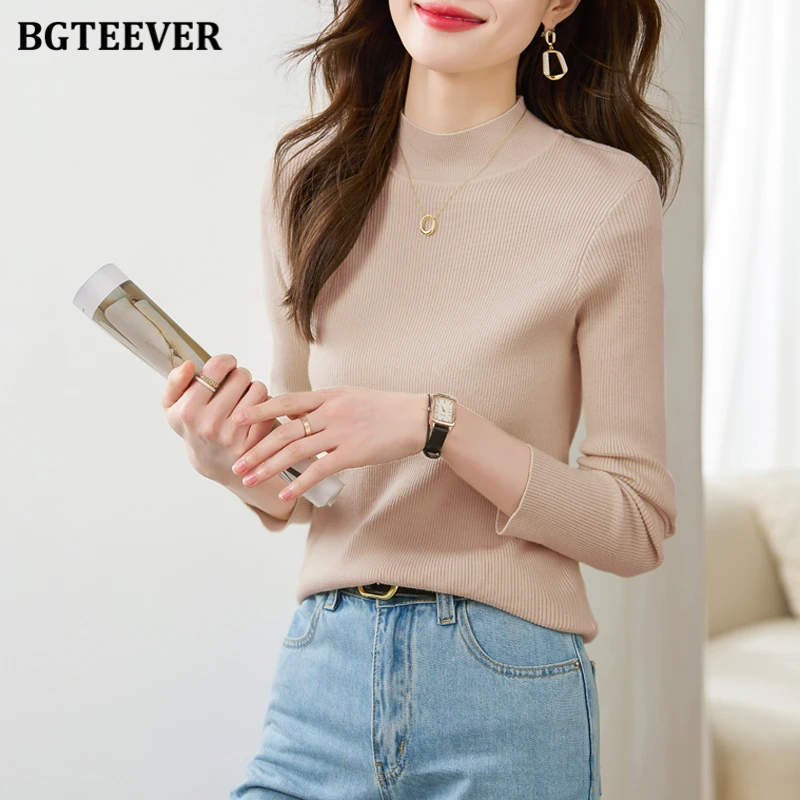 BGTEEVER سترات نسائية ضيقة ذات ياقة عالية بنصف ياقة عالية سترات خريف وشتاء غير رسمية أساسية بأكمام طويلة قطع علوية نسائية محبوكة #6