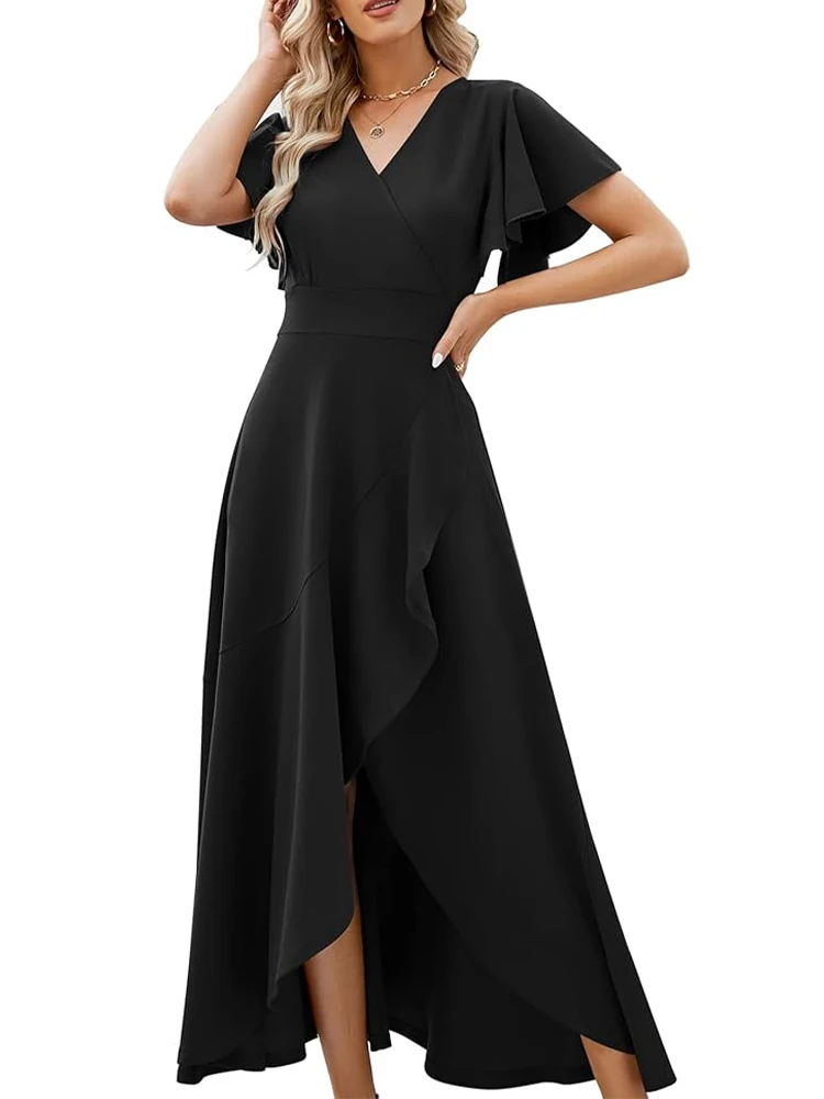 Long Formal Dresses Women's Dresses Evening Cocktail Dresses Slit Elegant Cocktail Slim Fit V Neck Ruffle Wedding Guest Wedding