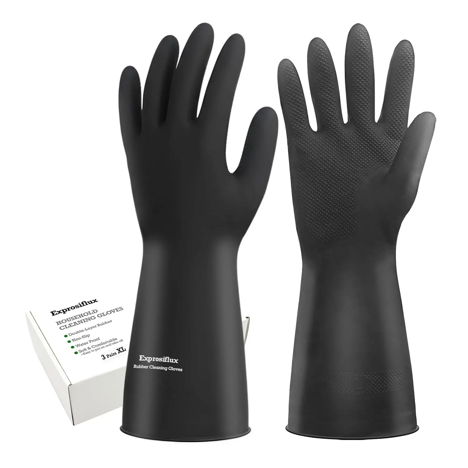 

Heavy-Duty Rubber Cleaning Gloves - 3 Pairs Extra-Large Black Non-Slip Reusable for Dishwashing and Kitchen Cleaning