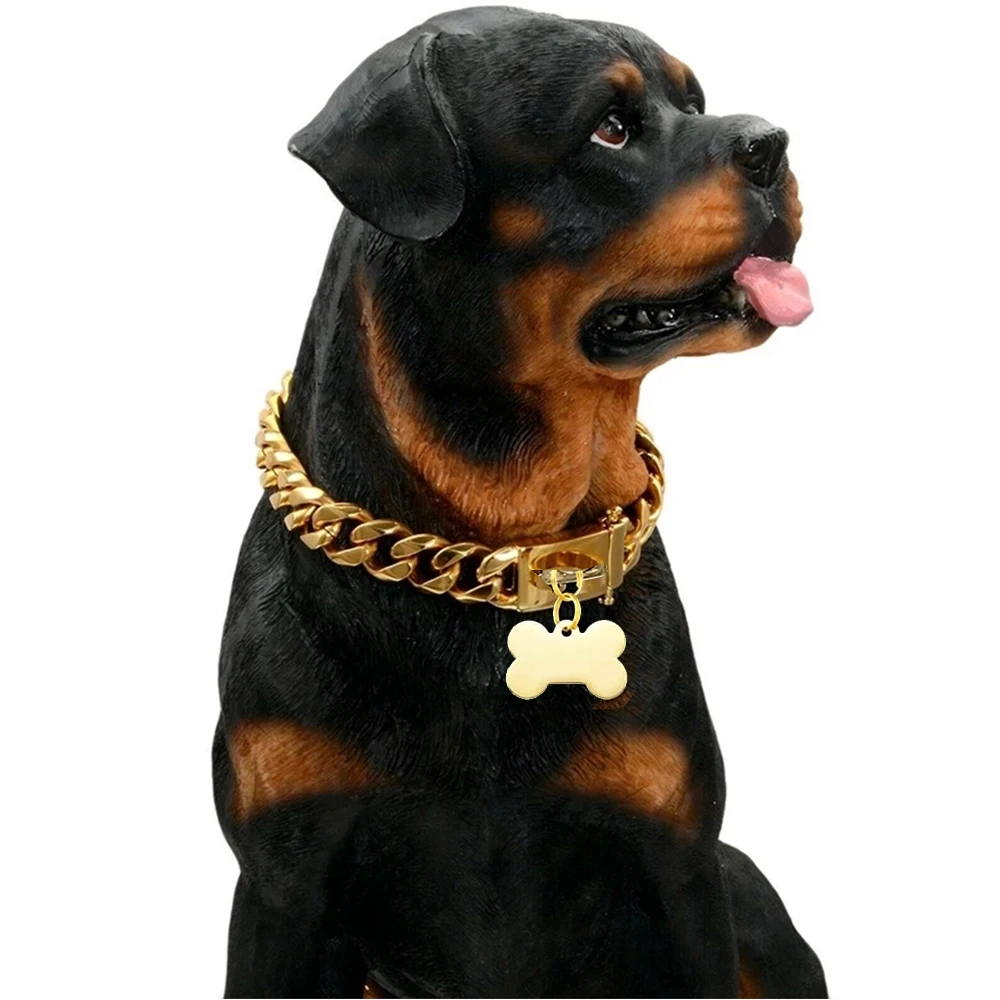 

Gold Dog Collar Stainless Steel Cuban Link Chain with Bone ID Tag, Luxury Pet Necklace, Small Medium Large Dogs Usage