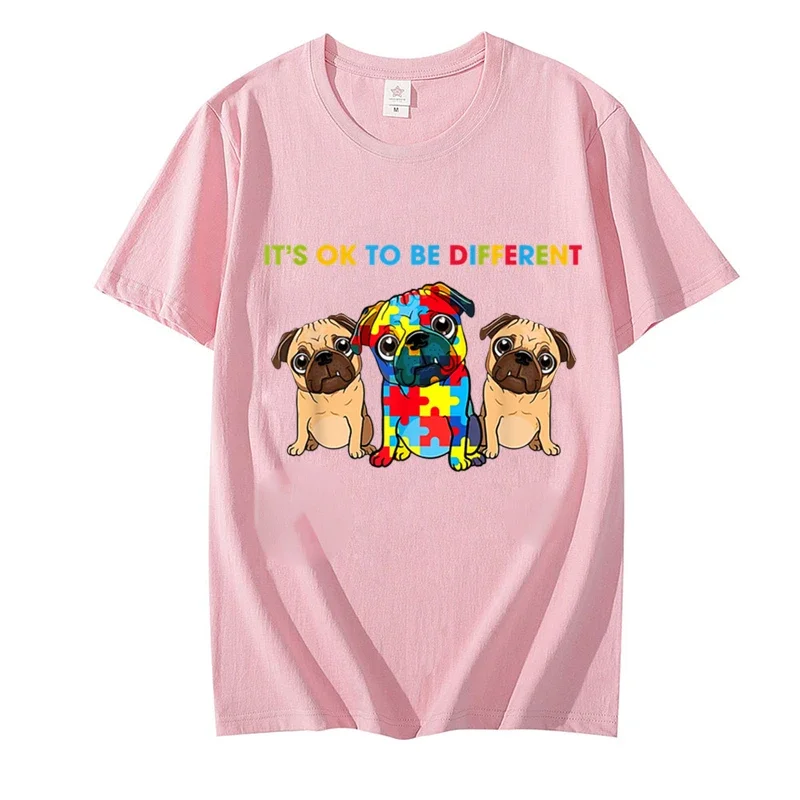 Cute Pug Dogs It's Ok To Be Different Autism Awareness Women T Shirt Summer Tee Shirt Streetwear Hip Hop for Kids Female Tops