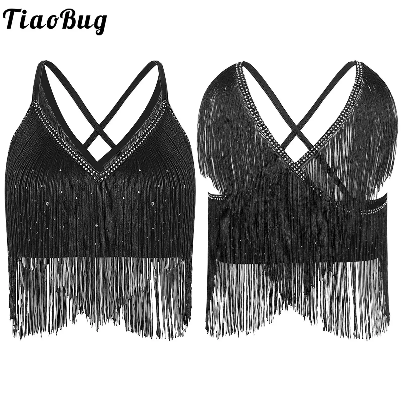 

Women Latin Salsa Rumba Samba Dance Crop Tops Vest Performance Competition Costume Sleeveless Crisscross Back Fringe Camisole