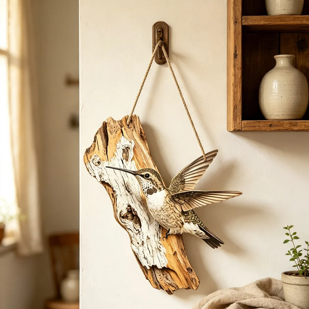 American Country Style Hummingbird Wooden Wall Hanging Plaque, 2D Flat Print Bird Decor Sign, Boxwood Wall Art Gift for Bird Watchers, 5mm Thick