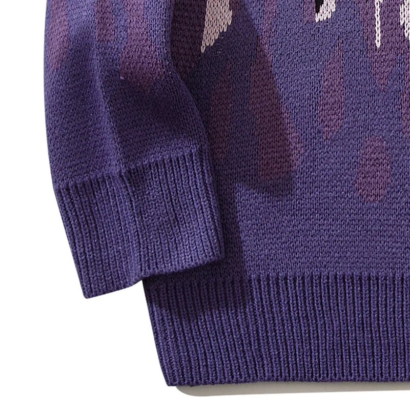 Purple Fire Pattern Knitted Sweater Women\'s Casual Warm Mid Stretch Crew Neck Pullover Sweater For Men Fall Winter