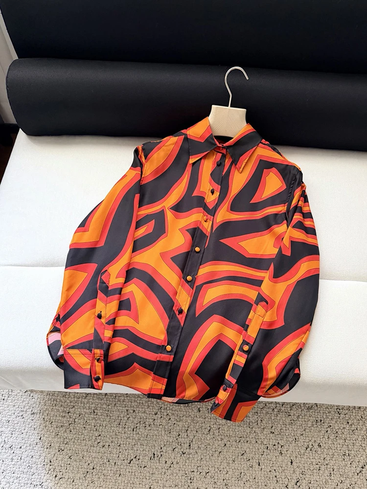 

Spring Summer Fashion Vintage Geometric Print Silk Casual Blouses Women's Turn-down Collar Single Breasted Long Sleeve Shirt