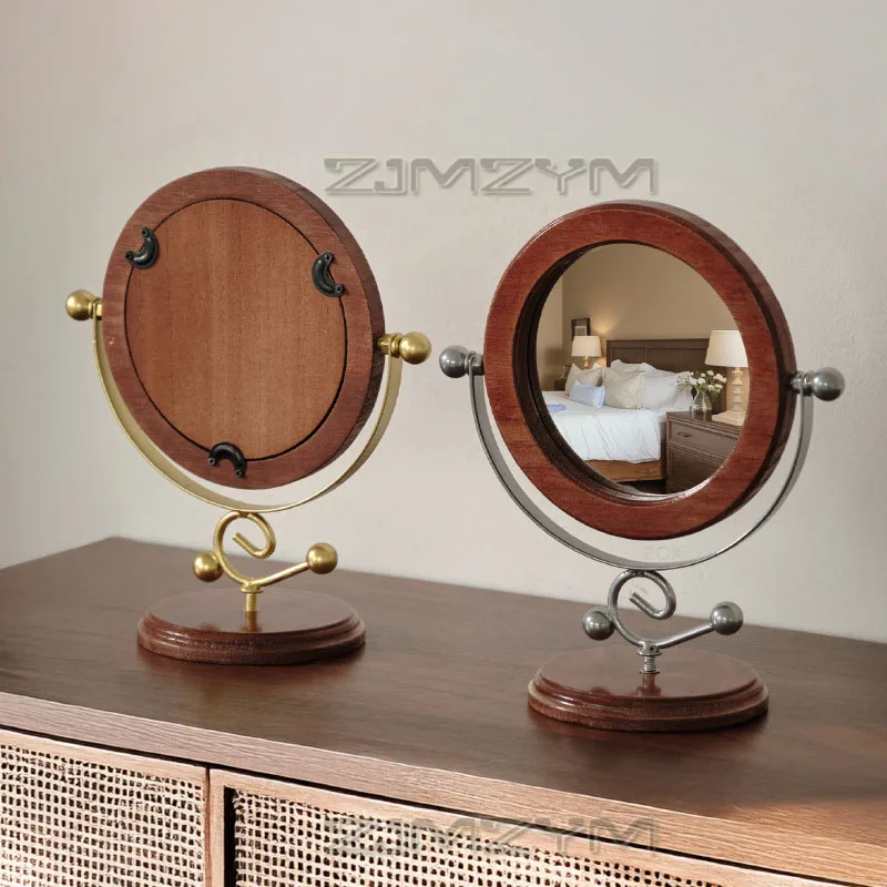 مرآة مكياج عالية الوضوح 360 ° مرآة دوارة لسطح المكتب، مرآة تزيين خشبية قديمة، مرآة تجميل لغرفة النوم قائمة بذاتها