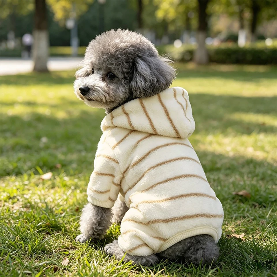 Beiger Schnauzer-Hoodie | Warme Hundekleidung | Kleiner Hund Karierter Vierbeiner-Anzug | Verdickter Warmer Overall für Malteser – Detail 3