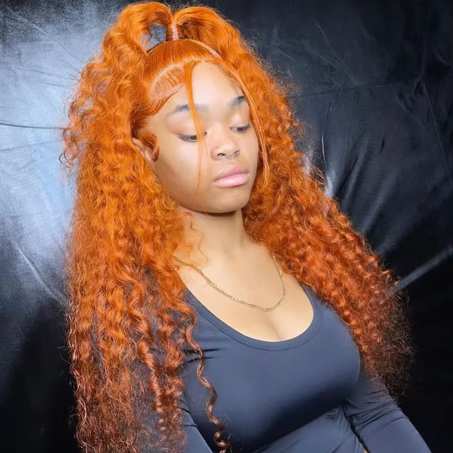 

13x4 Ginger Lace Front Human Hair Curly Wig Orange Deep Wave Lace Frontal Wig on Sale Brazilian 200 Density For Black Women