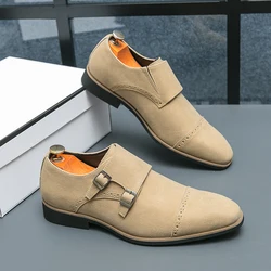 Monk Leather Shoes Men Loafers Slip on Business Casual Leather Shoes Classic Moccasins Breathable Men Flats Soft Driving Shoes