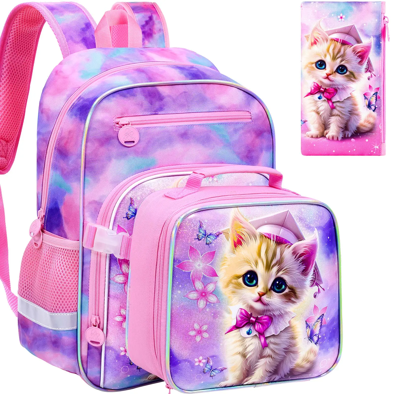 3個セット-可愛い猫柄リュックサック-女の子用-タイダイピンクパープル-スクールバッグセット-ランチボックス＆ペンケース付き-キッズブックバッグ-新学期