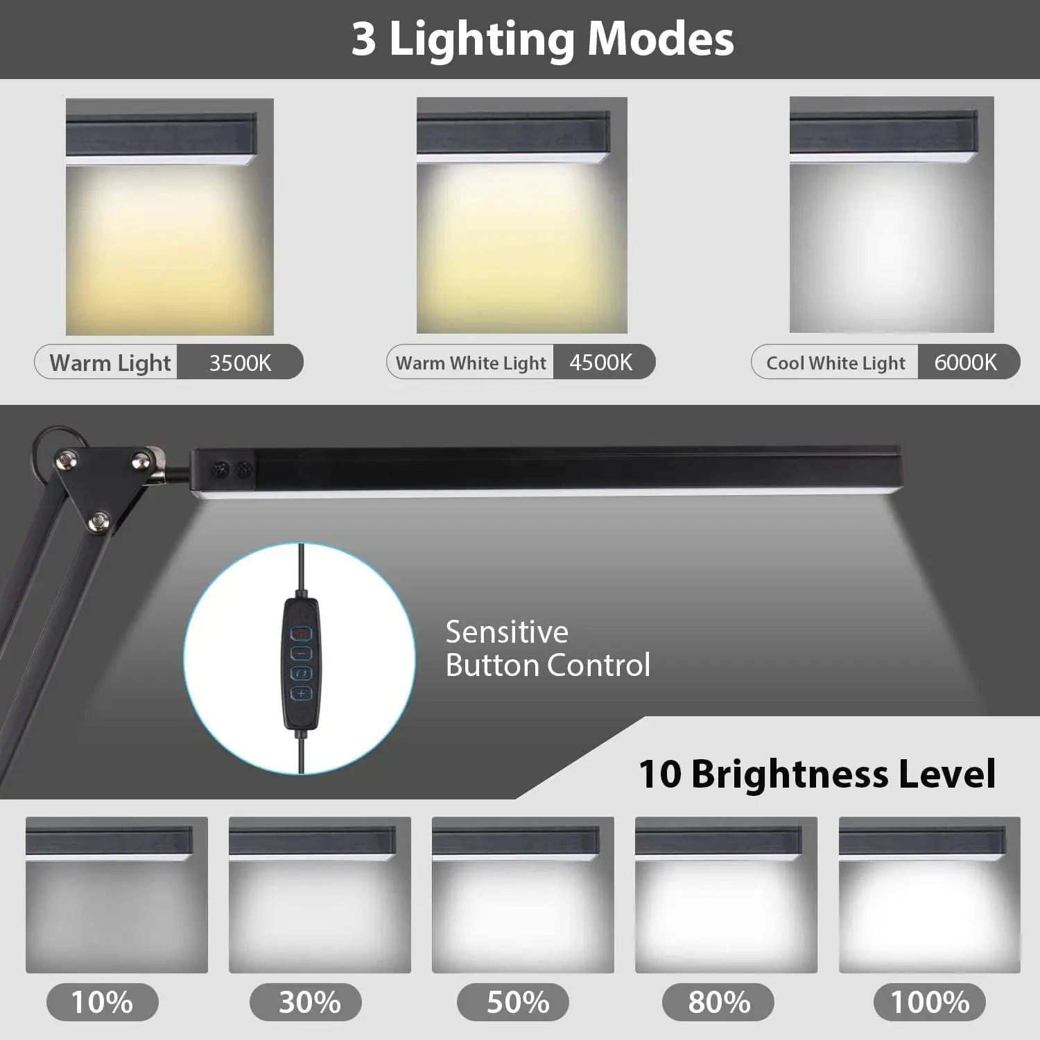 Nueva lámpara de mesa LED ajustable y elegante, moderna, con diseño elegante y práctico puerto de carga USB. Lámpara regulable con 3 colores