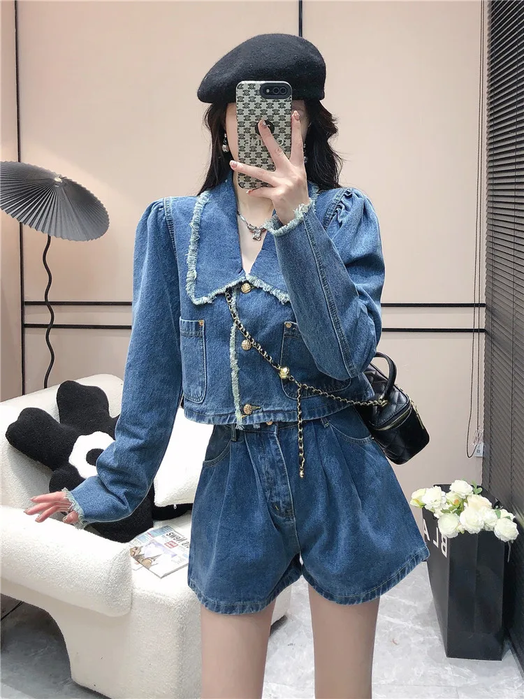 Rugged fringed double-breasted denim jacket + high waist wide leg shorts two-piece suit for women Spring 2023