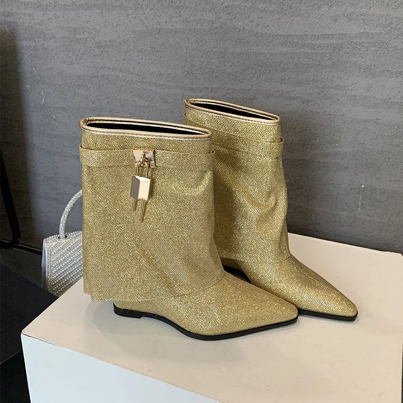 

2024 Traf Fold Over Shark Lock Boots Gold Bling Shiny Mid Calf Boots For Women Wedge Shoes Fashion Pointed Toe Crystal Lady Boot