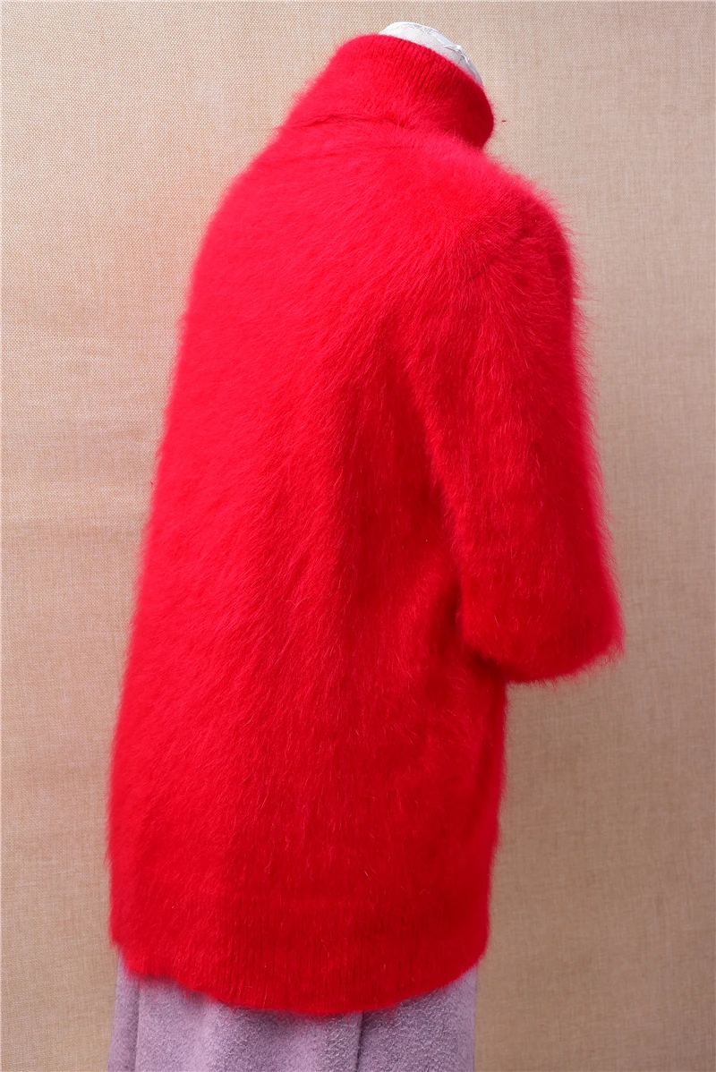 Ladies Women Fall Winter Red Hairy Mink Cashmere Knitted Turtleneck Long Sleeves Slim Blouses Underwear Sweater Jumper Pull Tops