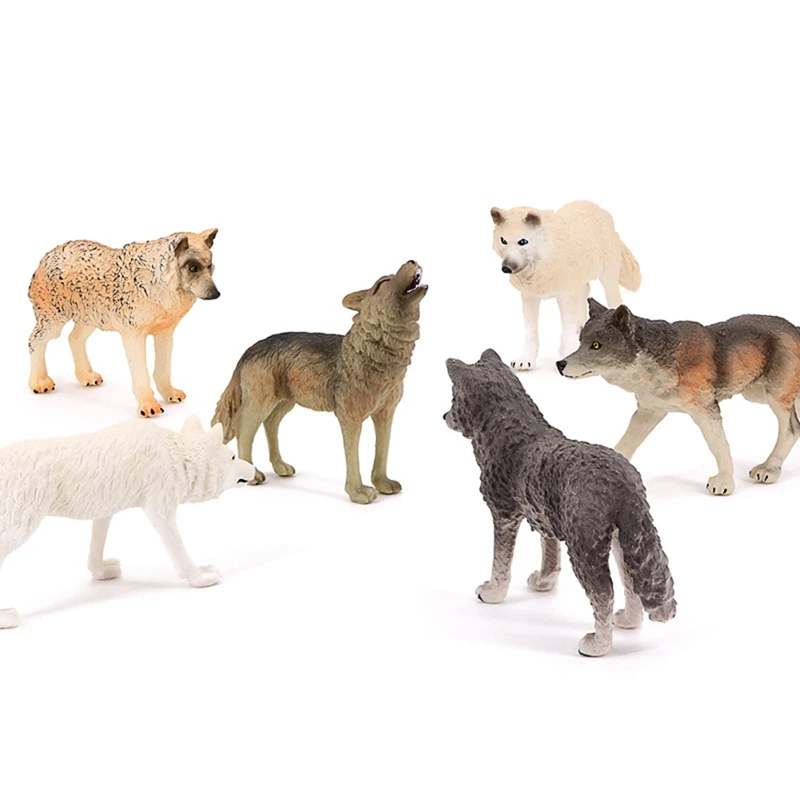 6 Pcs Realistic Plastic Wolf Figurines Action Model Mini Wild Animals Toy Learning Educational Decoration Toys