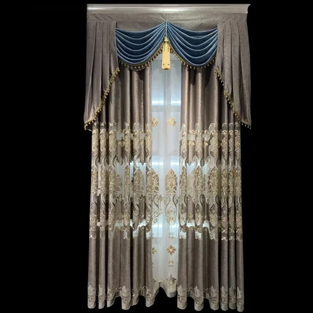 European Embroidered Grey Luxury Curtains for Living Room Bedroom Blackout Valance Window Screening Villa Decor Tulle Custom