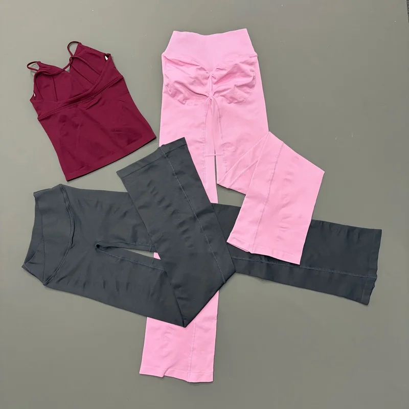 2Pcs Women Gym Set Vision Twist Front Longline Top And Cross Flares Leggings Seamless Yoga Sportwear Fitness Workout Sports Sets