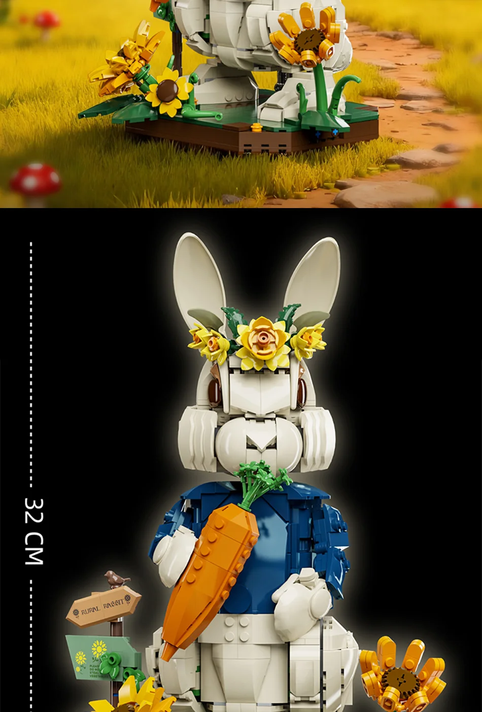 Creative 1258Pcs Pastoral Rabbit Animal Figrues Building Blocks Home Decoration Rural Flowers Rabbit Assemble Toys Birthday Gift