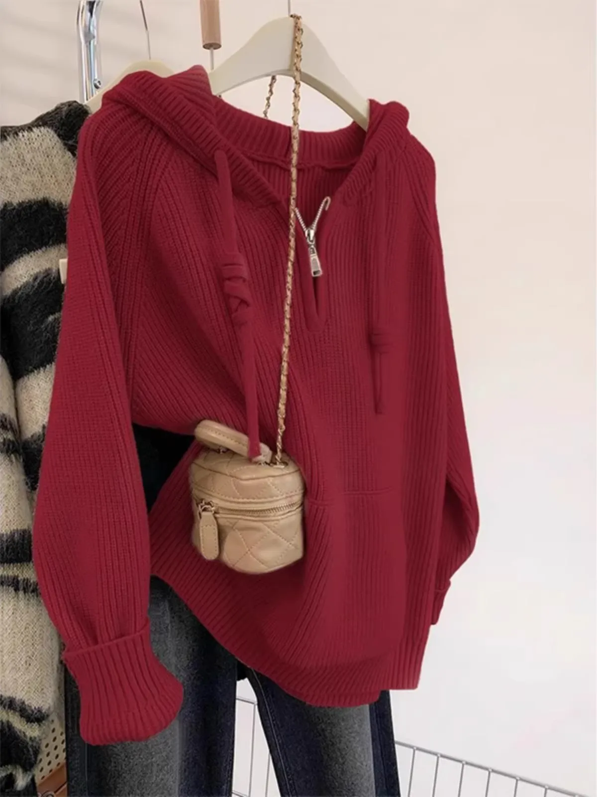 

Red Thickened Long Sleeve Hoodie Women's Knitted Sweater Lazy Style Outerwear for Autumn Winter New Year 2026 Lucky Year