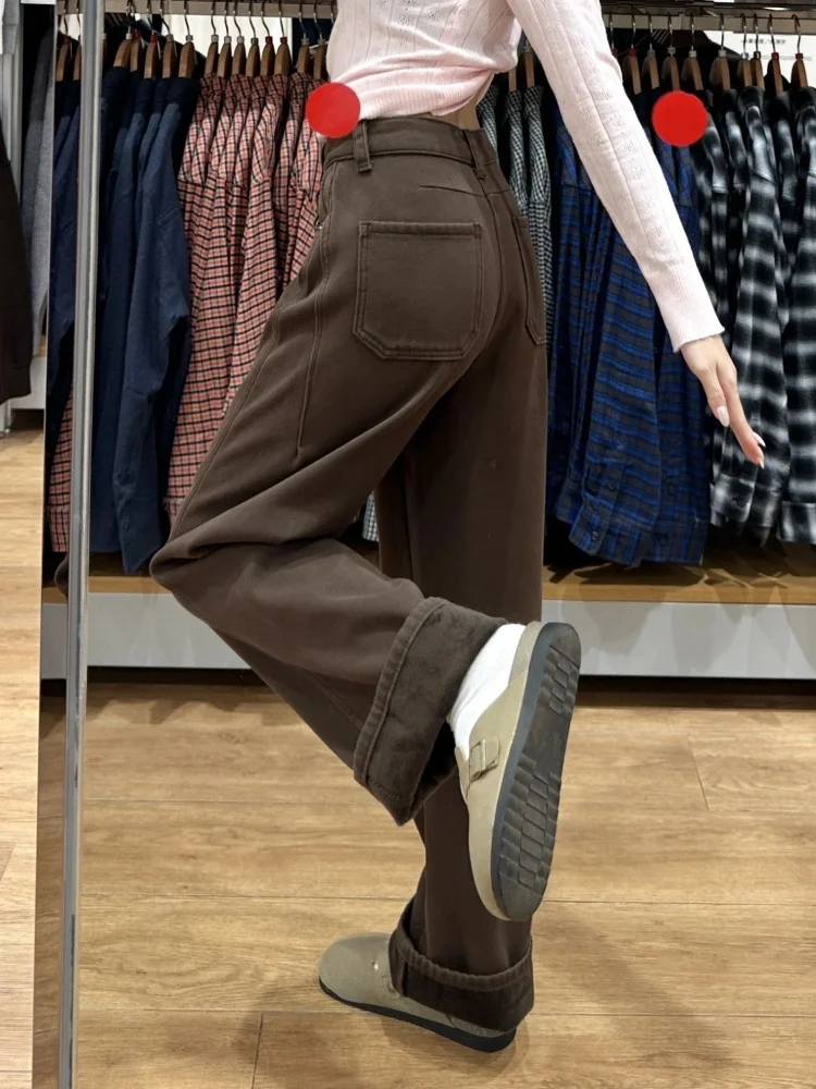 

Большие размеры, высокая талия, Fce Lined Thiened Knife, американские джинсовые джинсы, женские осенне-зимние прямые широкие брюки...