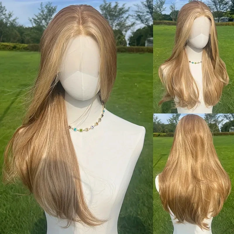 26 Inches Caramel Colored Straight Synthetic Hair HD Transparent Lace Front Wig Women's Wig Heat Resistant Blonde Brown Colored