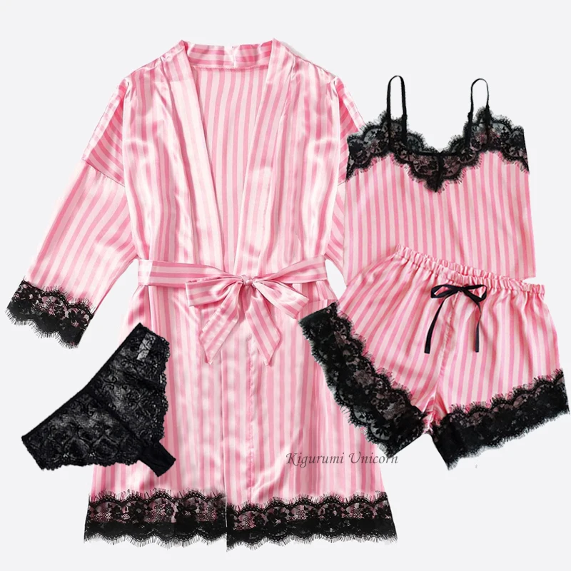 Pink Stripe Robe and Pajamas set Women Silk Satin Lace Sleepwear Summer Sexy Faux Silk Pijamas Bathrobe Homewear Night Robe Set