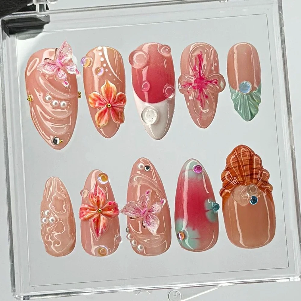 10Pcs Manicure Handmade Art Press on Nails Medium Almond Pattern ABS Nails 3D Shell Style Design Nail with Set