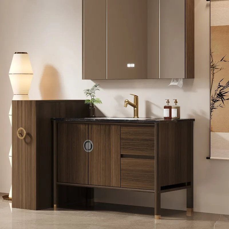 New Chinese luxury stone ceramic seamless basin double basin floor large size bathroom cabinet view 2