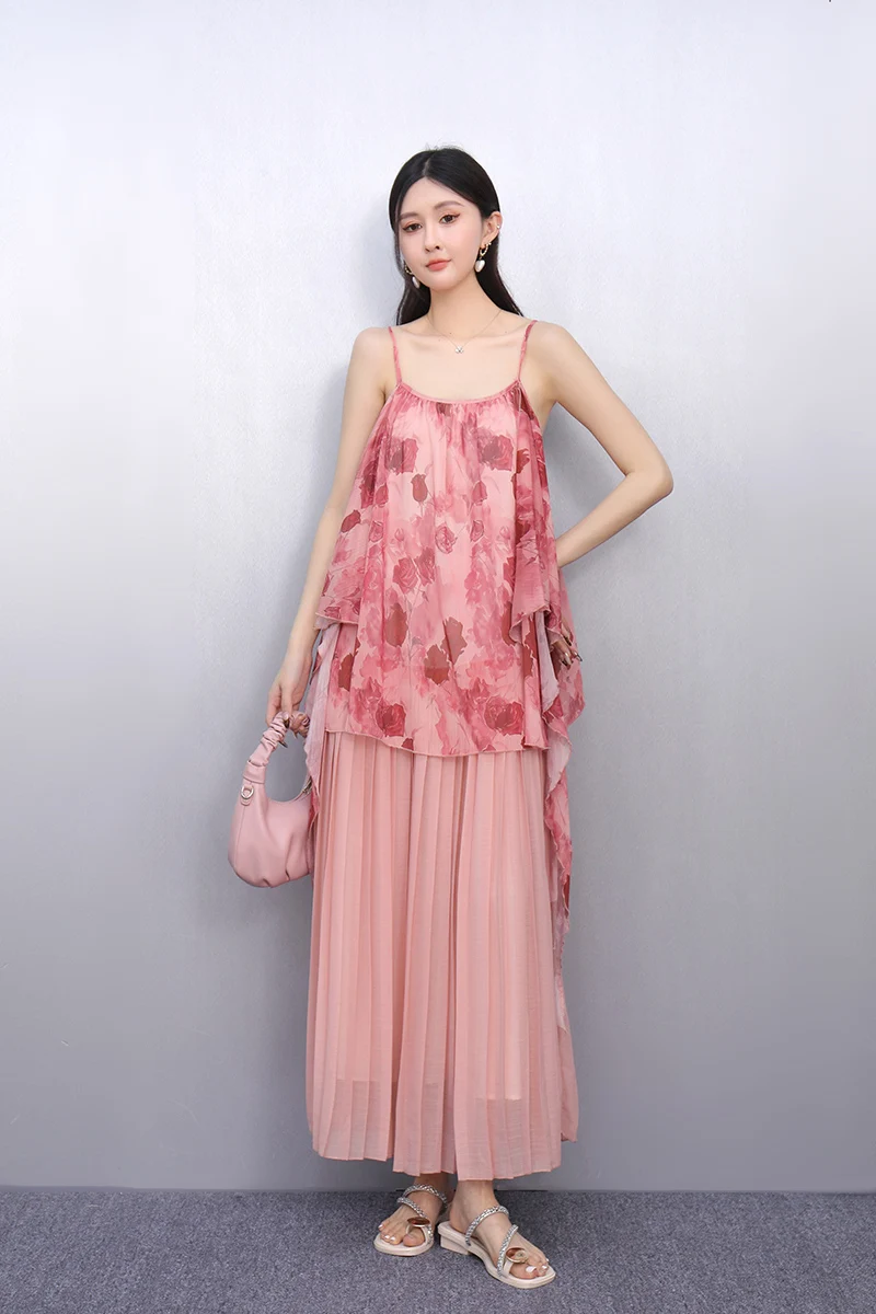 

Весна-лето 202, новая элегантная модная женская свободная рубашка на тонких бретельках с принтом, женская длинная юбка, комплект из двух предметов J1005