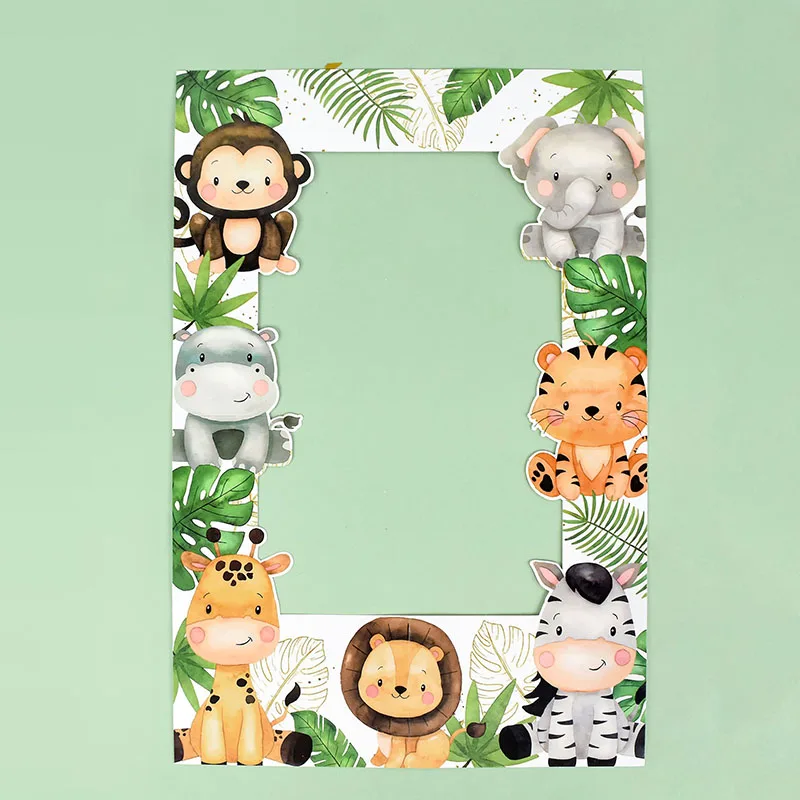 

1Set Jungle Animals Paper Photo Frame Prop Cake Topper Jungle Safari Birthday Party Decor Kids 1st Birthday Baby Shower Supplies