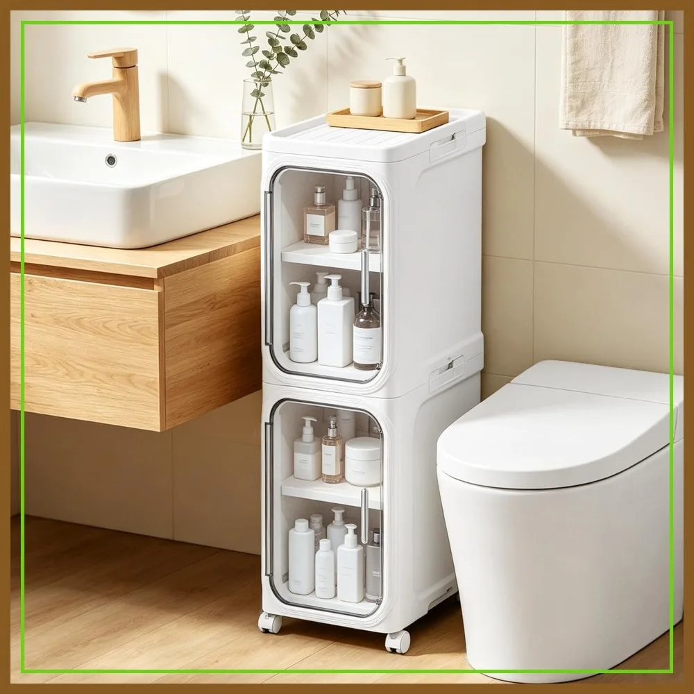 

Slim Storage Cabinet with Wheels, Narrow Bathroom Organizer for Small Spaces, 2-Tier White