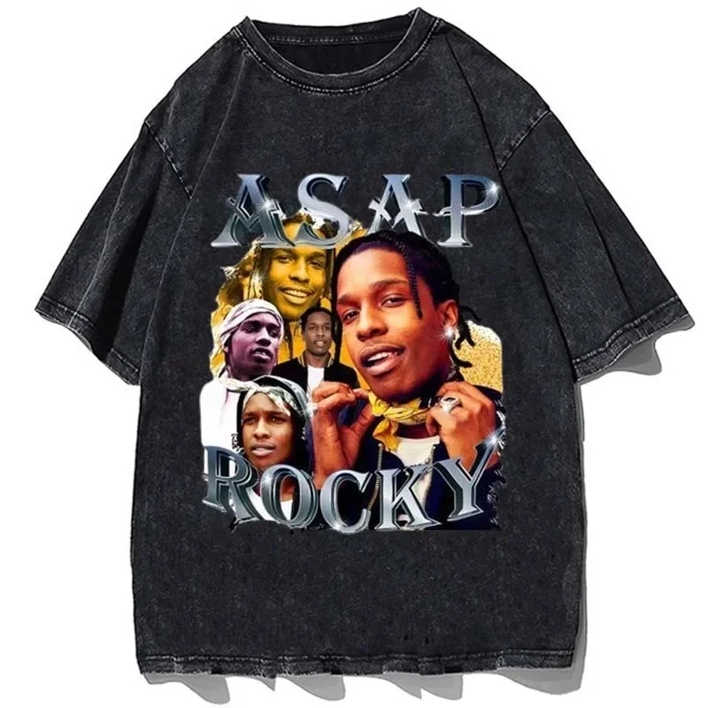 Streetwear Asap Rocky Graphic Print Men Washed T-Shirt Fashion Vintage Punk Hip Hop Short Sleeve T Shirt Summer Cotton Tees wear