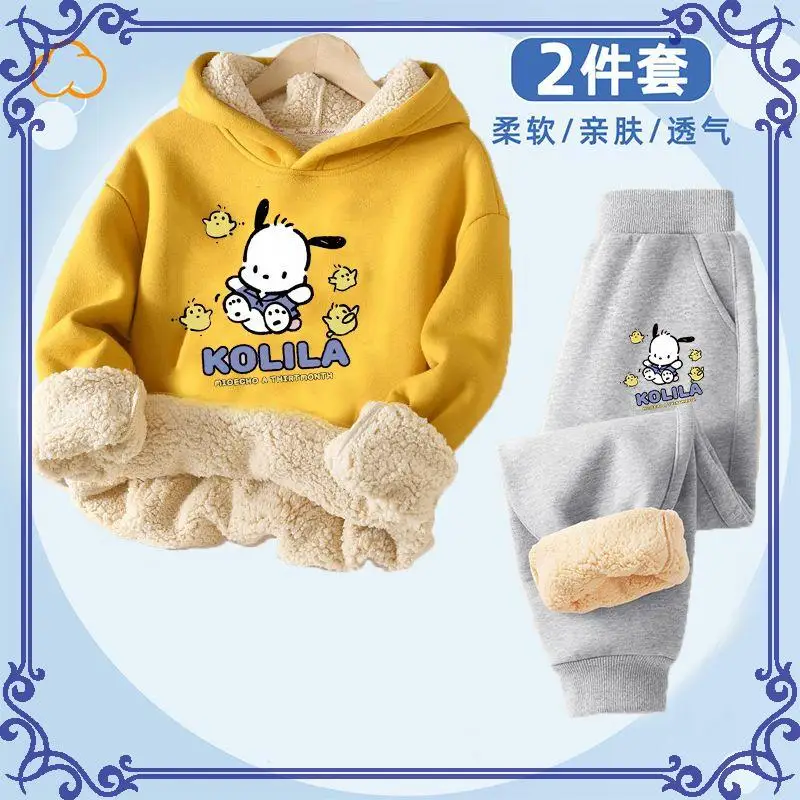 حار سانريو فتاة Scasualweatsuit Pochacco Kawaii أنيمي الشتاء طالب Keepwarm 2 قطعة مجموعة مريحة سماعة ملابس الأطفال جديد #3