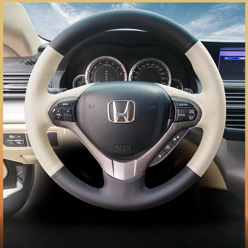 

For Acura RDX 2013-2017 ILX 2012-2019 ZDX TL 2009-2012 Hand-stitched non-slip black white Genuine Leather Steering Wheel Cover