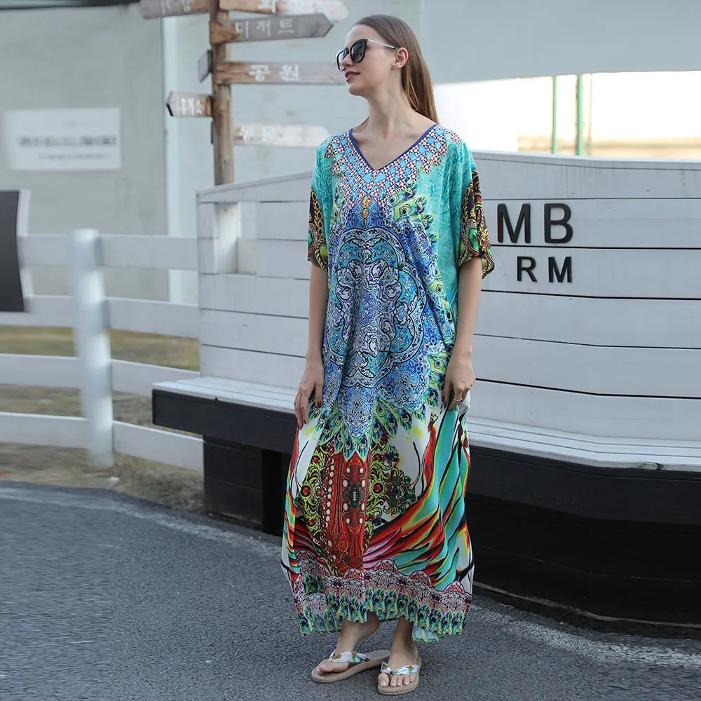 

2023 Spring Summer Green Feather Print Loose Oversized Robe Beach Skirt Bikini Women Sunscreen Top P8