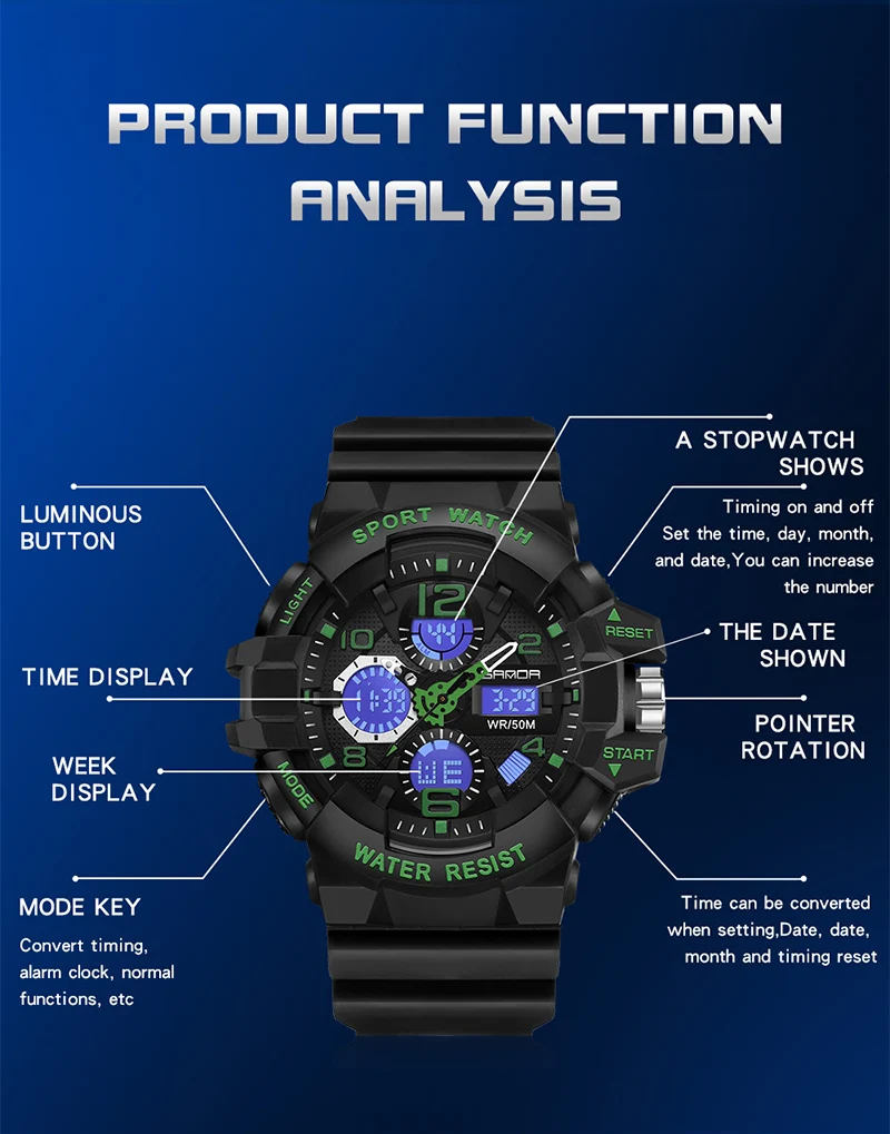 SANDA Men Military Watches White Sport Watch LED Digital 50M Waterproof Watch Men Multifunction Clock Relogio Masculino 3168