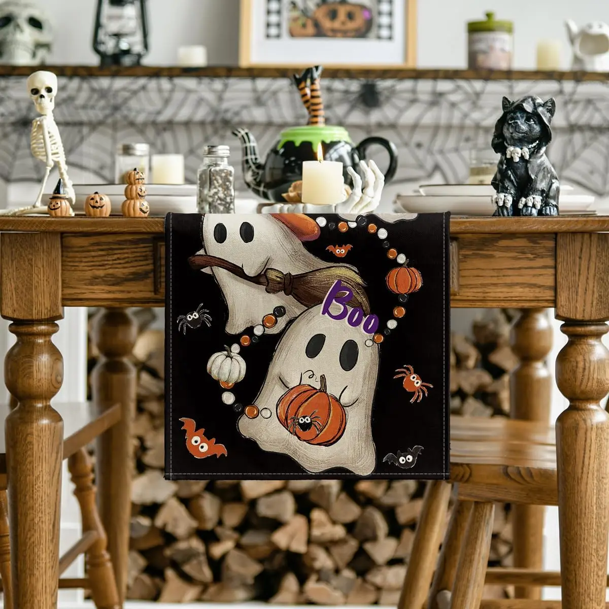 Halloween Black Boo Ghost Pumpkins Linen Table Runner Home Decor Halloween Spooky Kitchen Dining Table Runners Halloween Decor
