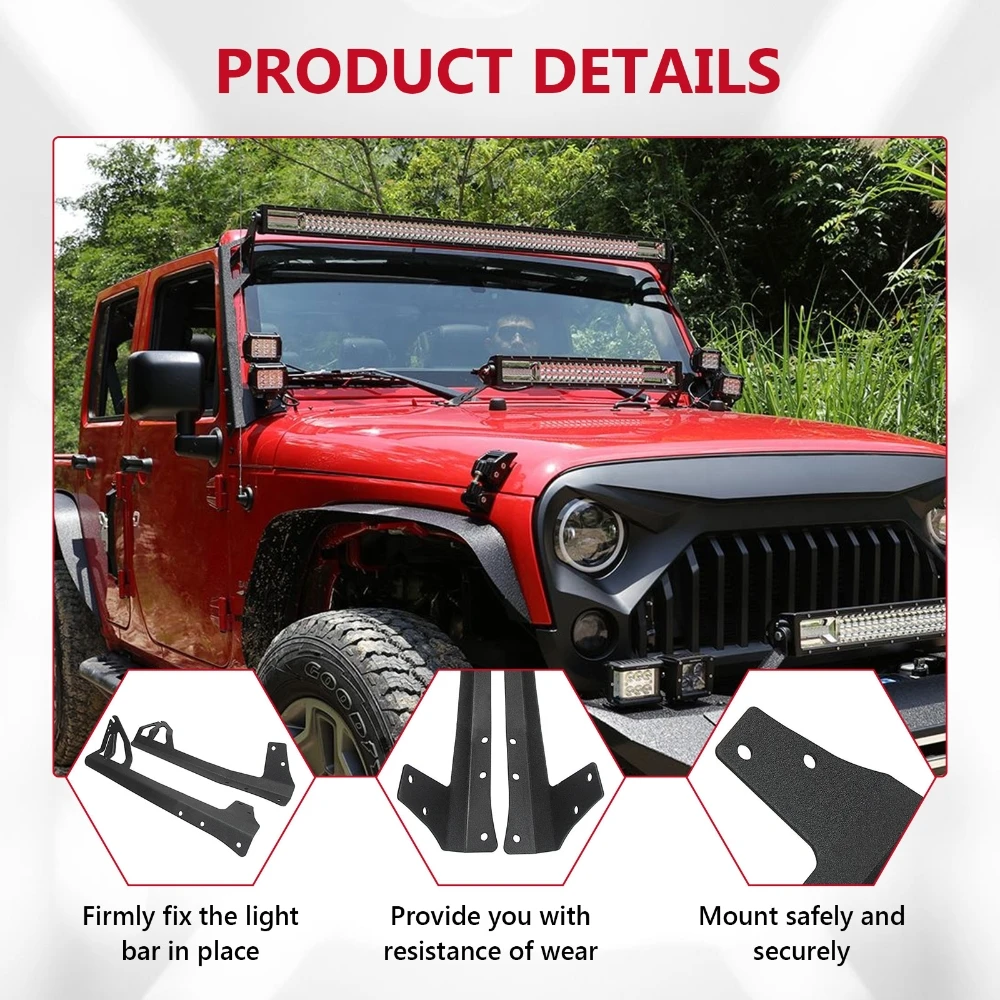 52 inch Straight LED Light Bar Bracket For Jeep Wrangler JK 2007-2017 Off-Road Upper Windshield Work Light Mount Holder Kit